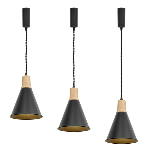 KAYYELAMP 3-Pack Wooden Base Black Cone Shade Metal L-Type Track Light E26 Base 3.9Ft Adjusted Cord Vintage Design Hanging Lamp for Kitchen Sink Home(No Bulb, Track)