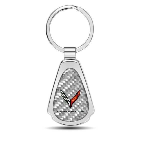 iPick Image for Chevrolet Corvette C8 Real Silver Dome Carbon Fiber Chrome Metal Teardrop Key Chain, Official Licensed
