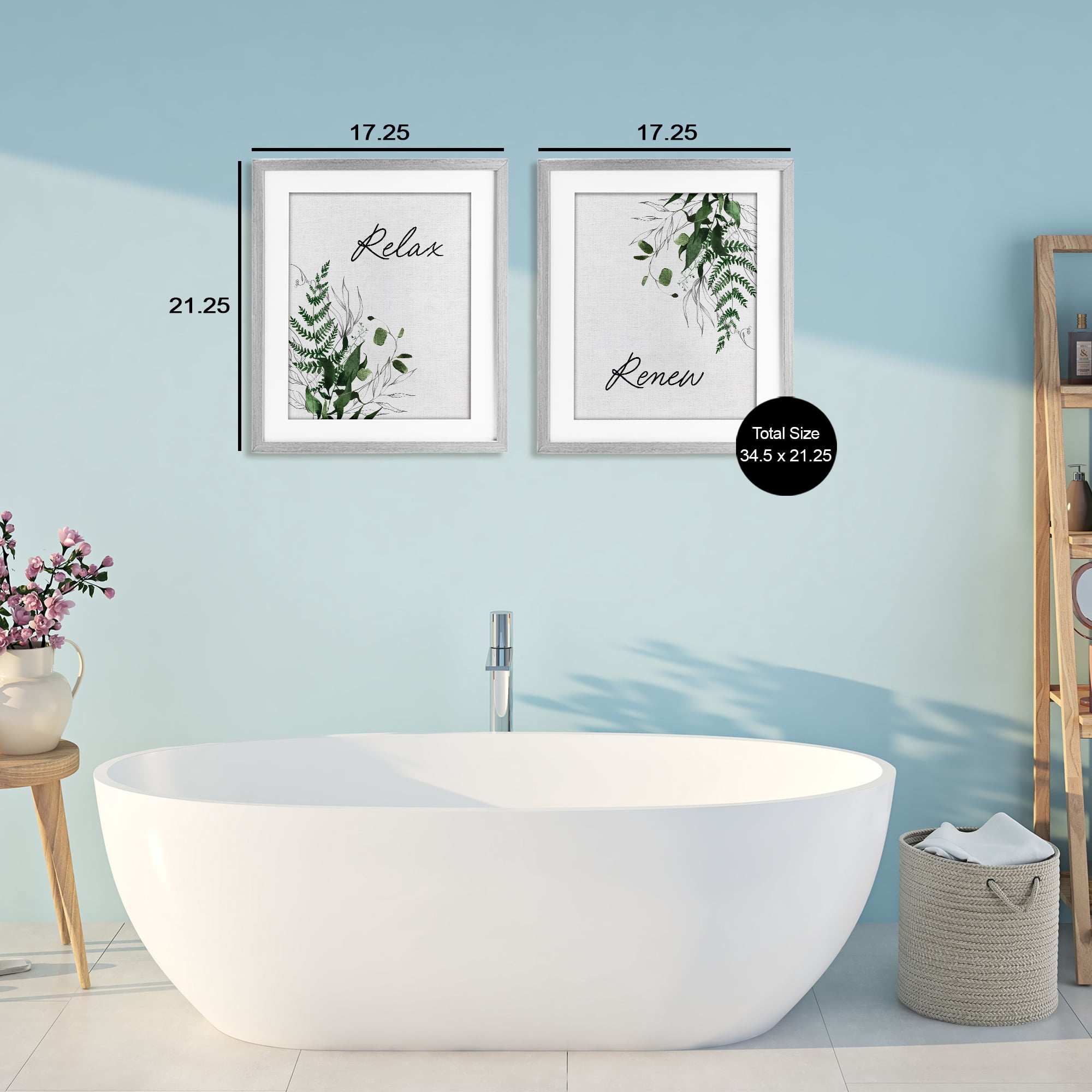Relax Renew Botanical Leaves 2 Piece Gray Framed Print Under Glass Set, design by Lettered and Lined