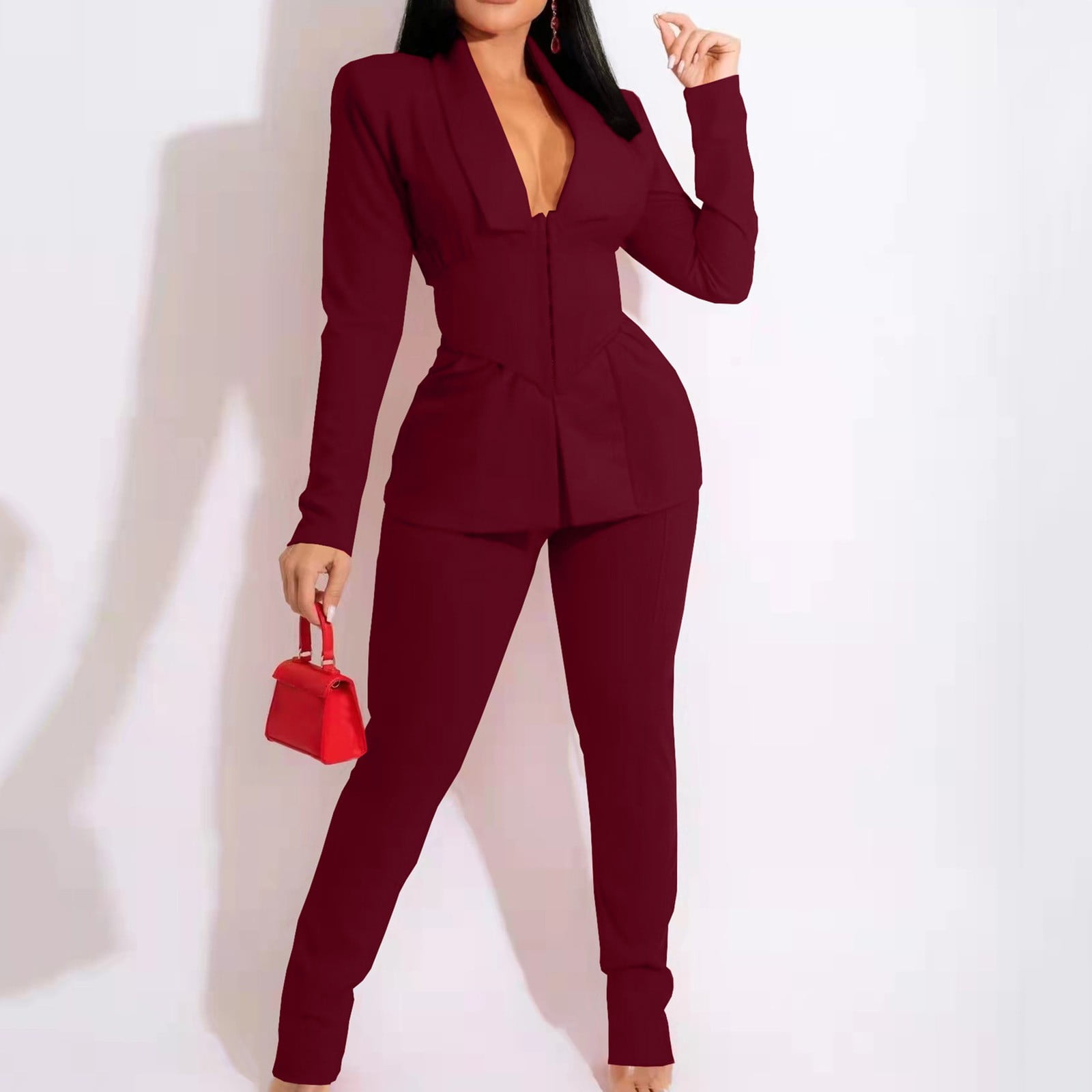 Women Elegant Pullovers Pants Suit Womens Two Piece Lapels Suit Set Office  Business Long Sleeve Formal Jacket Pant Suit Slim Fit Trouser Jacket Suit