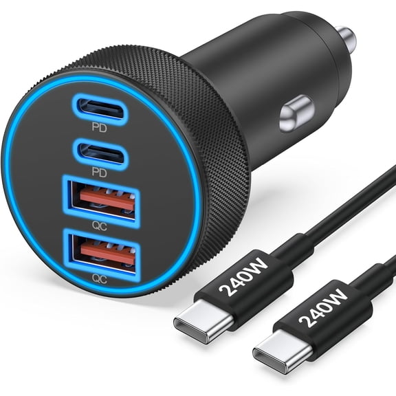 iPhone 17 16 15 Car Charger Fast Charging, 90W 4-Port USB C Fast Car Charger Cigarette Lighter Adapter with 240W 3FT USB-C Cable for iPhone 17/Air/17 Pro/16/15 Pro Max/Plus/16e, iPad, Galaxy, Android