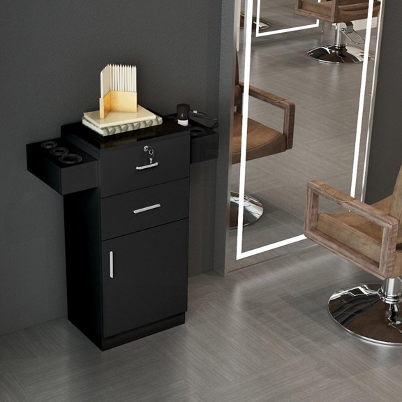 SalonMore Barber Shop Locking Salon Storage Hair Station Cabinet Hair Dryer Holder Drawer Black