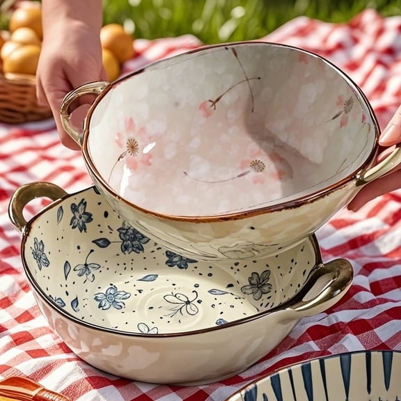 Small Serving Bowls Set 2PCS Ceramic Pasta Bowl Salad Bowl Irregular Porcelain Plate Dessert Fruit Tray