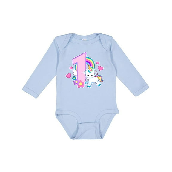 Inktastic I Am 1 Year Old with Unicorn and Hearts Girls Long Sleeve Baby Bodysuit