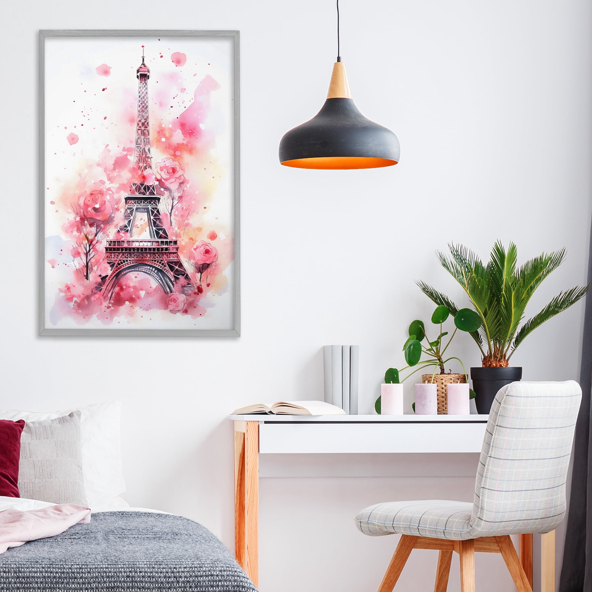 Stupell Industries Eiffel Tower In Roses Gray Framed Giclee Art, design by Creative Studio
