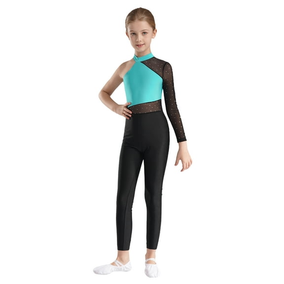 Aislor Kids Girls One Shoulder Long Sleeve Gymnastic Leotard Unitard Bodysuit Skating Dance Jumpsuit Blue Green 10