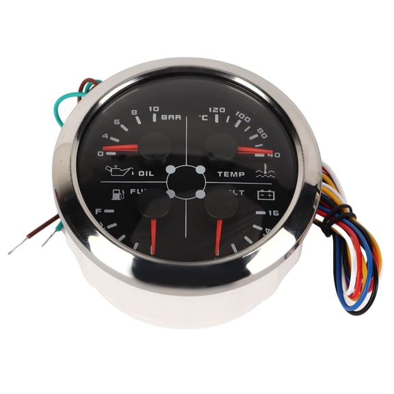 Xirurus 4in1 3.35 inches / 85 mm Gauge Multifunction Fuel Level Oil Pressure Water Temp Volt Meter DC 8-16V for Car RV Boat Motorcycle, Black Dial Silver Cover C/BAR