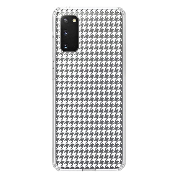 DistinctInk Clear Shockproof Hybrid Case for Galaxy S20 / S20 5G (6.2" Screen) - TPU Bumper, Acrylic Back, Tempered Glass Screen Protector - White Houndstooth
