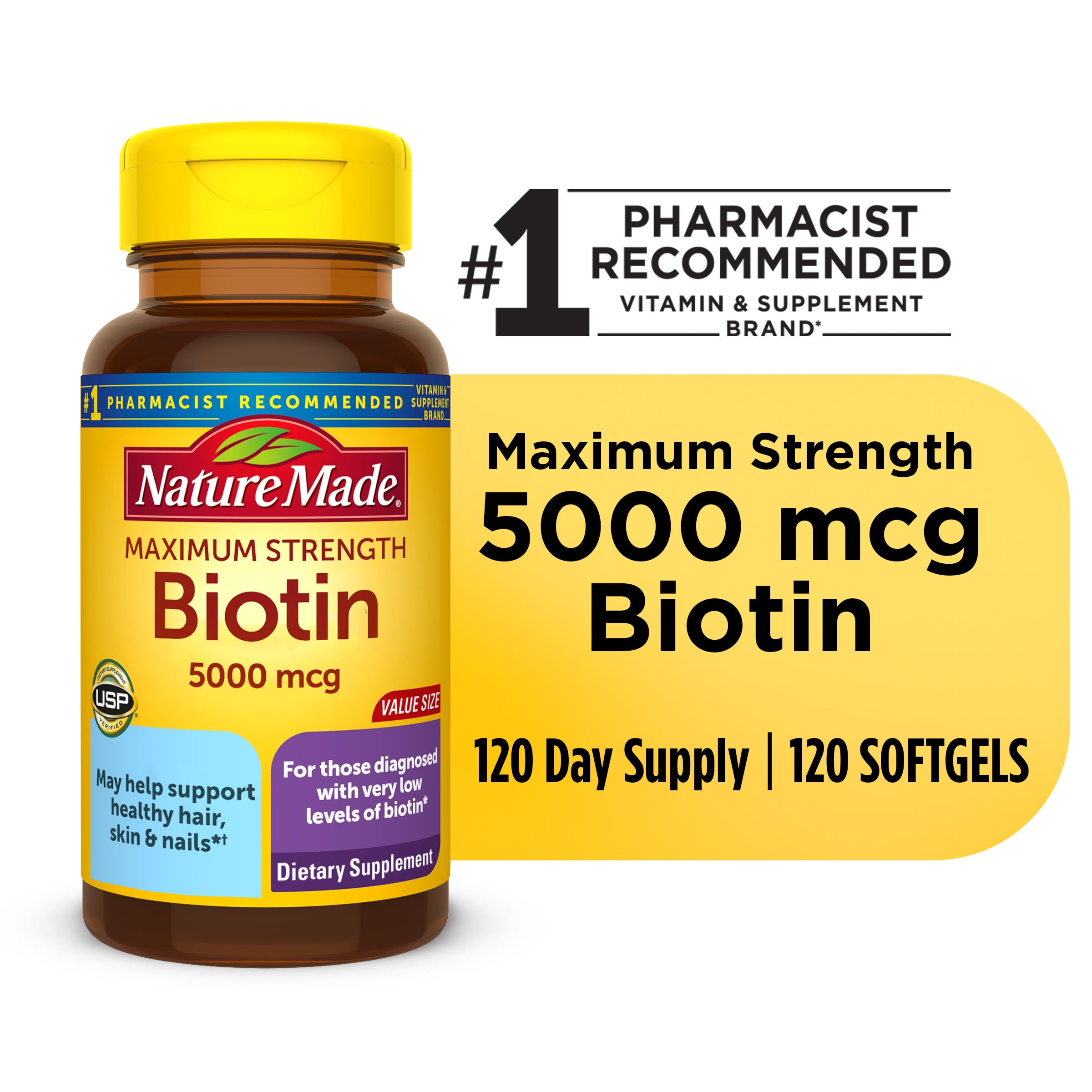 Nature Made Maximum Strength Biotin 5000 Mcg Softgels, 120 Count, Dietary  Supplement 