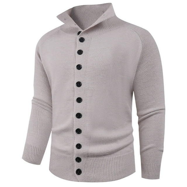 Wzzjkit Fall Clothes Man Solid-Color Casual Button Elastic Knitted Sweater Cardigan Long Sleeve Stand-up Collar Sweater