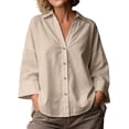 thumbnail image 2 of Molidfa Women's V-Neck 3/4 Sleeve Solid Button-Front Casual Shirt, 2 of 5