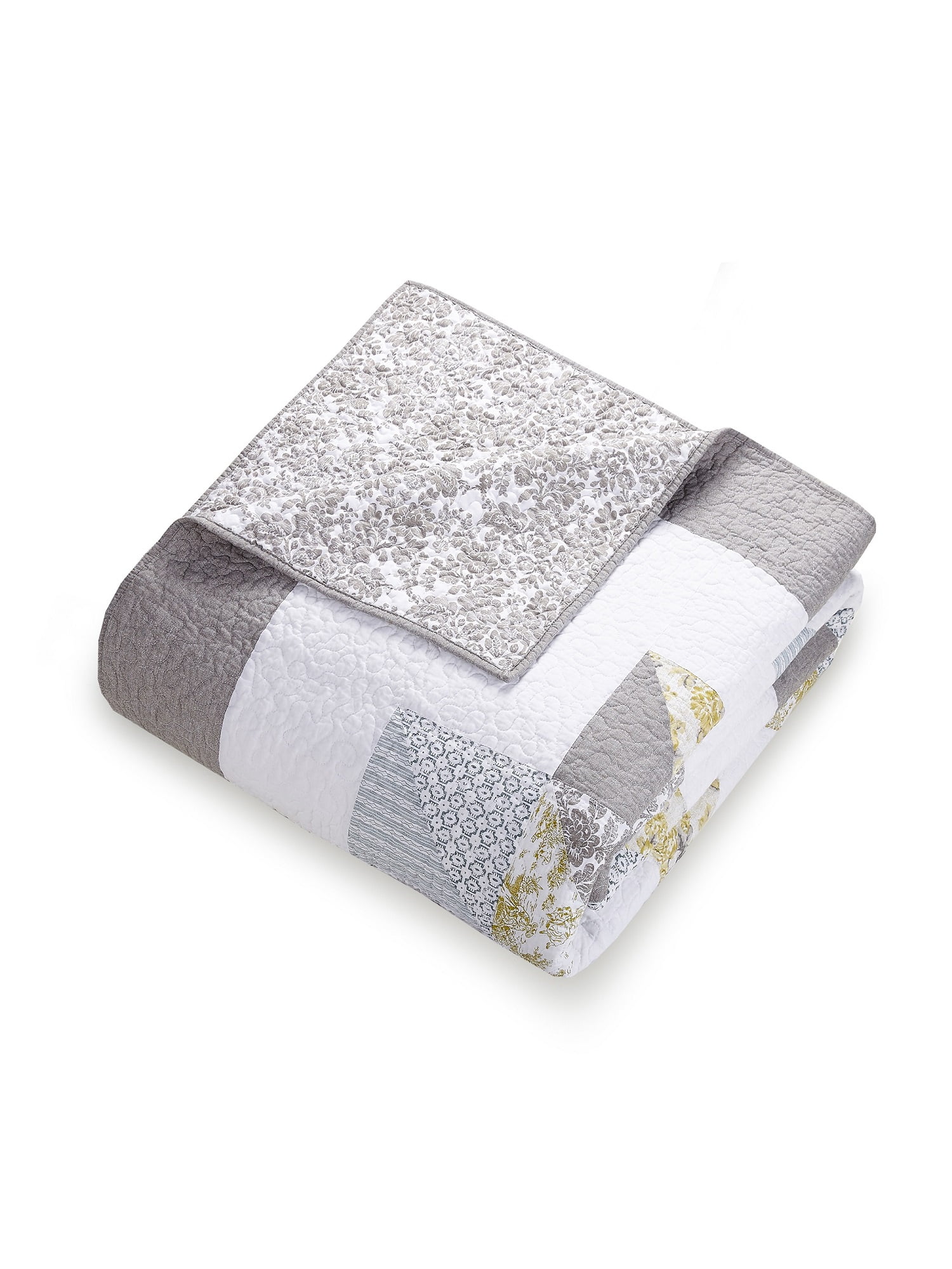Mary Jane's Farm Reine-Marie Gray and Yellow Floral Patchwork Quilt Set, King, All Ages