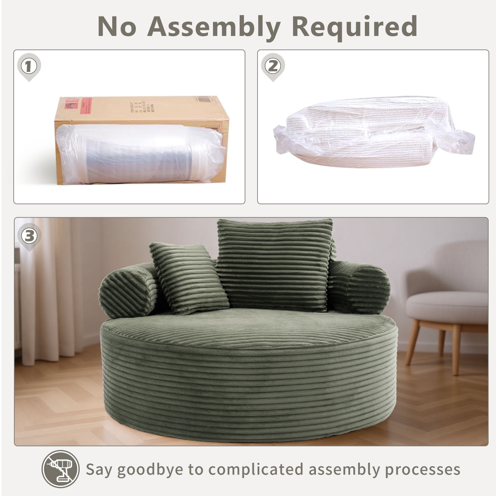 Miniyam 55.5" W Round Oversized Chaise Lounge Indoor with Memory Foam for Living Room, Cloud Couch with 3 Pillows, Green