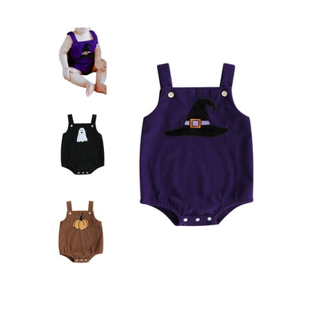 

Baby Girl Boy Halloween Corduroy Rompers Pumpkin/Witch Hat/Ghost Print Bodysuits Infant Sleeveless Straps Jumpsuits 0-18M