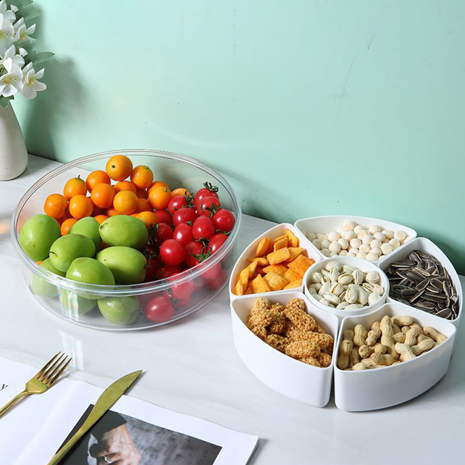 XKHHLH Divided Veggie Tray with Lid Snackle Box Serving Container Salad Keeper with Removable Boxes Stackable Refrigerator Organizer Bins Produce Saver for Meal Prep Fruit