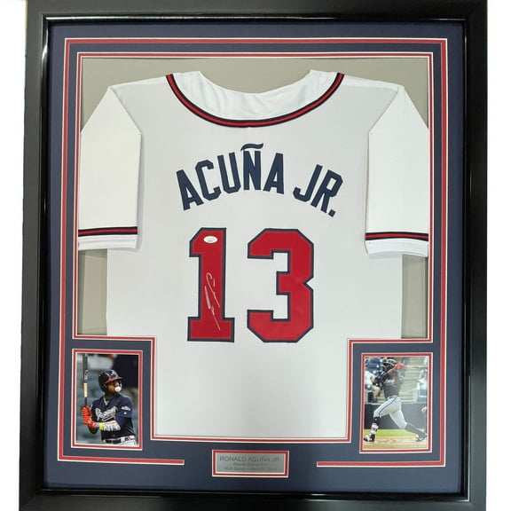 Framed Autographed/Signed Ronald Acuna Jr. 35x39 Atlanta White Baseball Jersey JSA COA