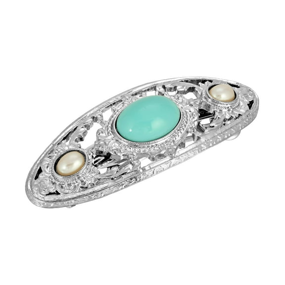 1928 Jewelry Women's Silver Tone Turquoise Color And Faux Pearl Stone Hair Barrette, (1 Pcs)