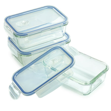3 Pack - Glass Meal Prep Containers for Food Storage w/ Snap Locking Lids Airtight & Leak Proof - BPA Free - Oven, Dishwasher, Microwave, Freezer Safe - Odor and Stain Resistant USDA Food Grade (Best Leak Proof Lunch Containers)