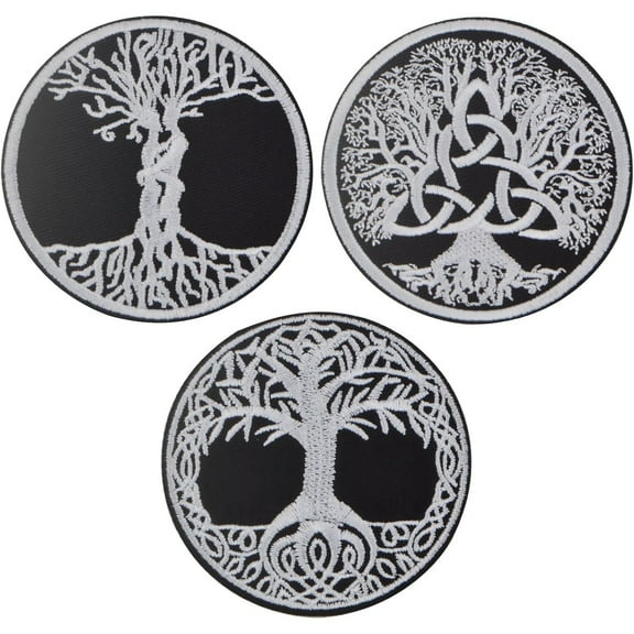 3pcs The Tree of Life Iron On Patches Celtic Knot Embroidered Applique Badge Funny Decorative Emblem Patch for DIY Clothes Dress Jeans Jackets Backpacks Hats, 3 Styles