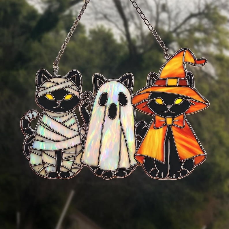 Halloween Trio Black Cats Hologram Suncatcher– Black Cat, Ghost, Witch Mummy Acrylic Window Hanging, Cute Spooky Fall Decor Gift, Cat Lovers