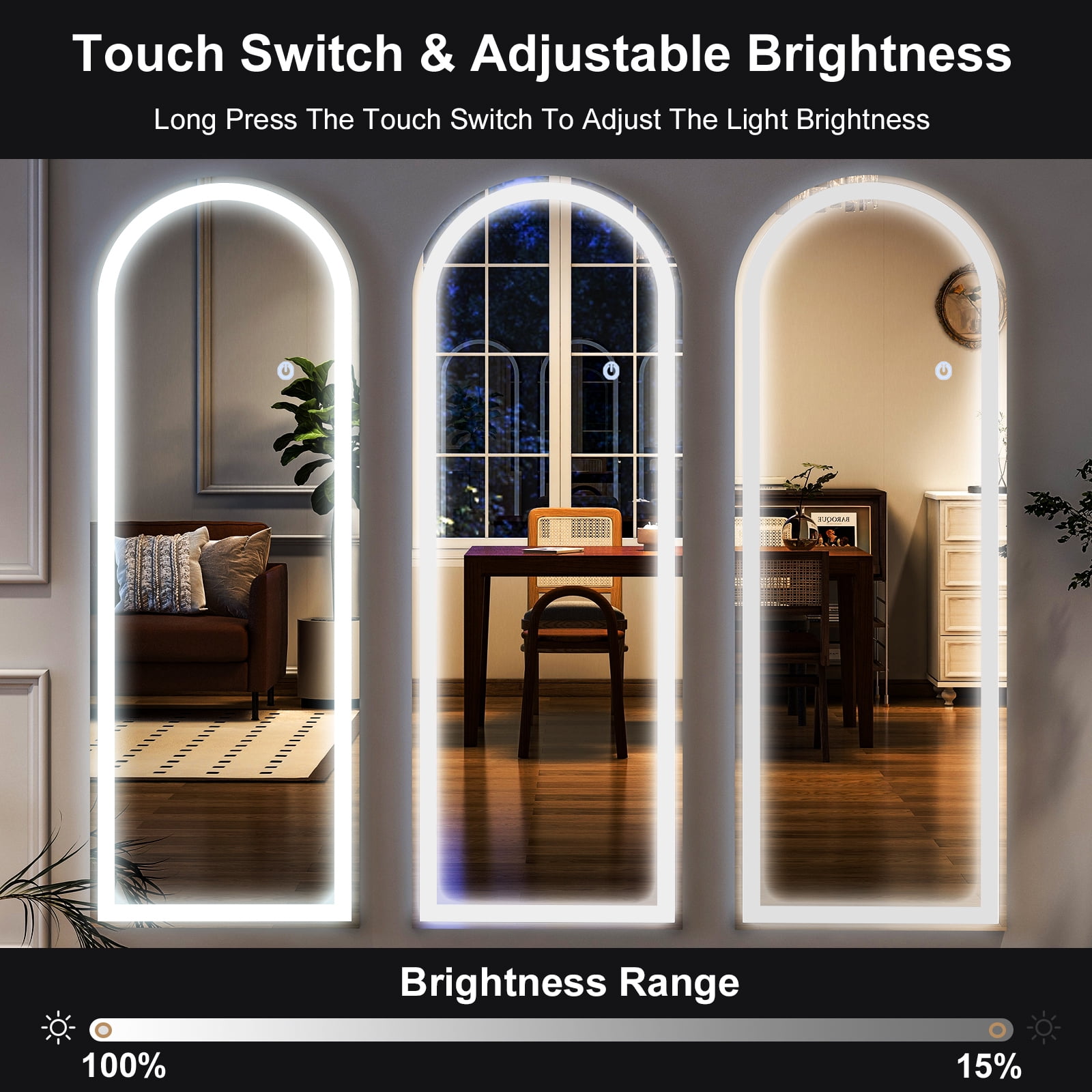 AUROMIR 71"x30" Arched Full Length Mirror with Lights LED Floor Mirror Dimming 3 Color Lighted Mirror