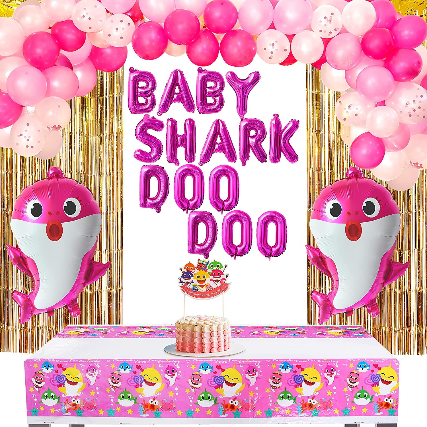97 Pcs Pink Baby Shark Balloon Arch Decorations Kit | Doo Doo Balloons, Cake Topper, Foil Curtains for Girl Birthday Baby Shower Party