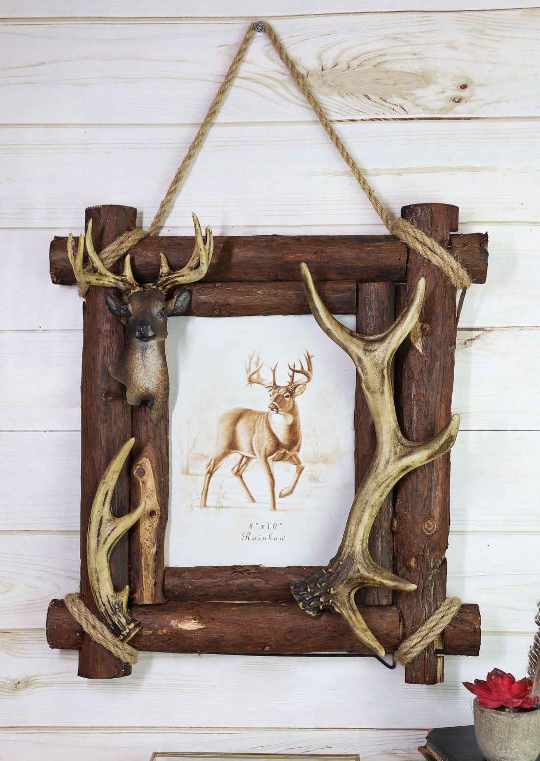 Large Rustic Buckhorn Stag Deer Antlers With Wooden Logs 8X10 Photo Frame  