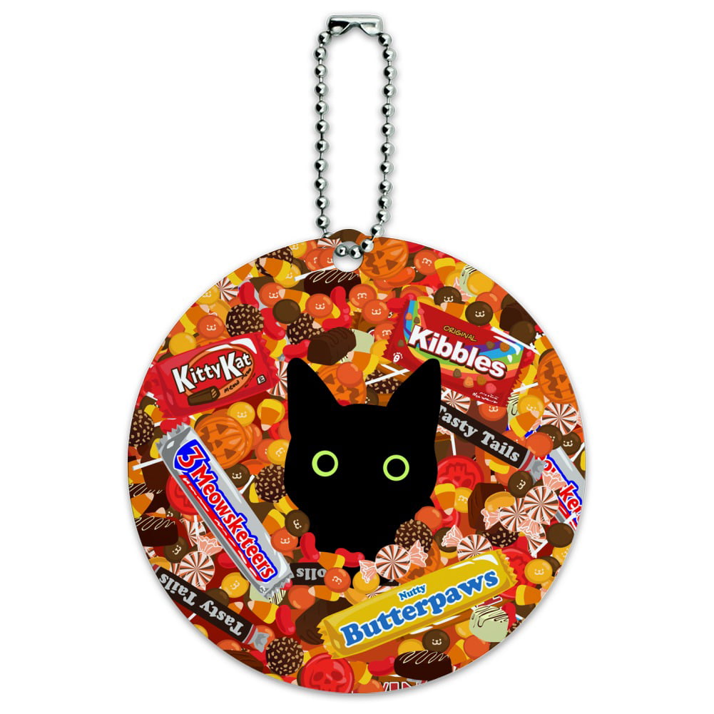 Halloween Black Cat Hiding in Candy  Round Luggage ID Tag Card Suitcase Carry-On 