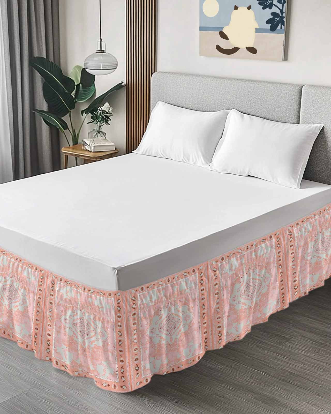 Pink Boho Wrap Around Bed Skirts for Queen Bed 16" Drop,Bed Skirt with Adjustable Elastic Belt Dust Ruffle Bed Valance for Bedroom Hotel Vintage Abstract Tribal Decorative Oriental Bed Frame Cover