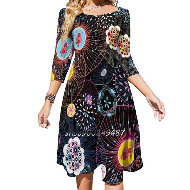 Bright Abstract Fantasy Pattern Square Neck Dress New Plus Size Elegant Women Waist Tight Dress Beautiful Abstract Pattern