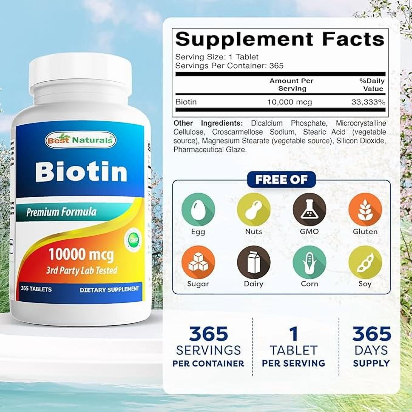 (2 pack) Best Naturals Best Naturals Biotin 10 mg (10,000 Mcg) 365 Tablets | (Vitamin B7 Supplement)