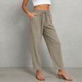 thumbnail image 4 of Besolor Women's Cotton Linen Pants Summer Casual Lace Drawstring Elastic Waist Cropped Trouser with Pockets, 4 of 7