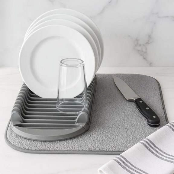Drying Mat with Plate Rack - Kitchen Dish Drying Mat, Non-Slip, Quick Dry - for Glassware, Cookware, China, Countertop Organizer GRAY