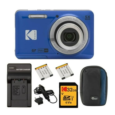 Kodak PIXPRO Friendly Zoom FZ55 Digital Camera (Blue) Bundle with Camera Case, 32GB Memory Card, and Battery (2-Pack) with Charger (4 Items)