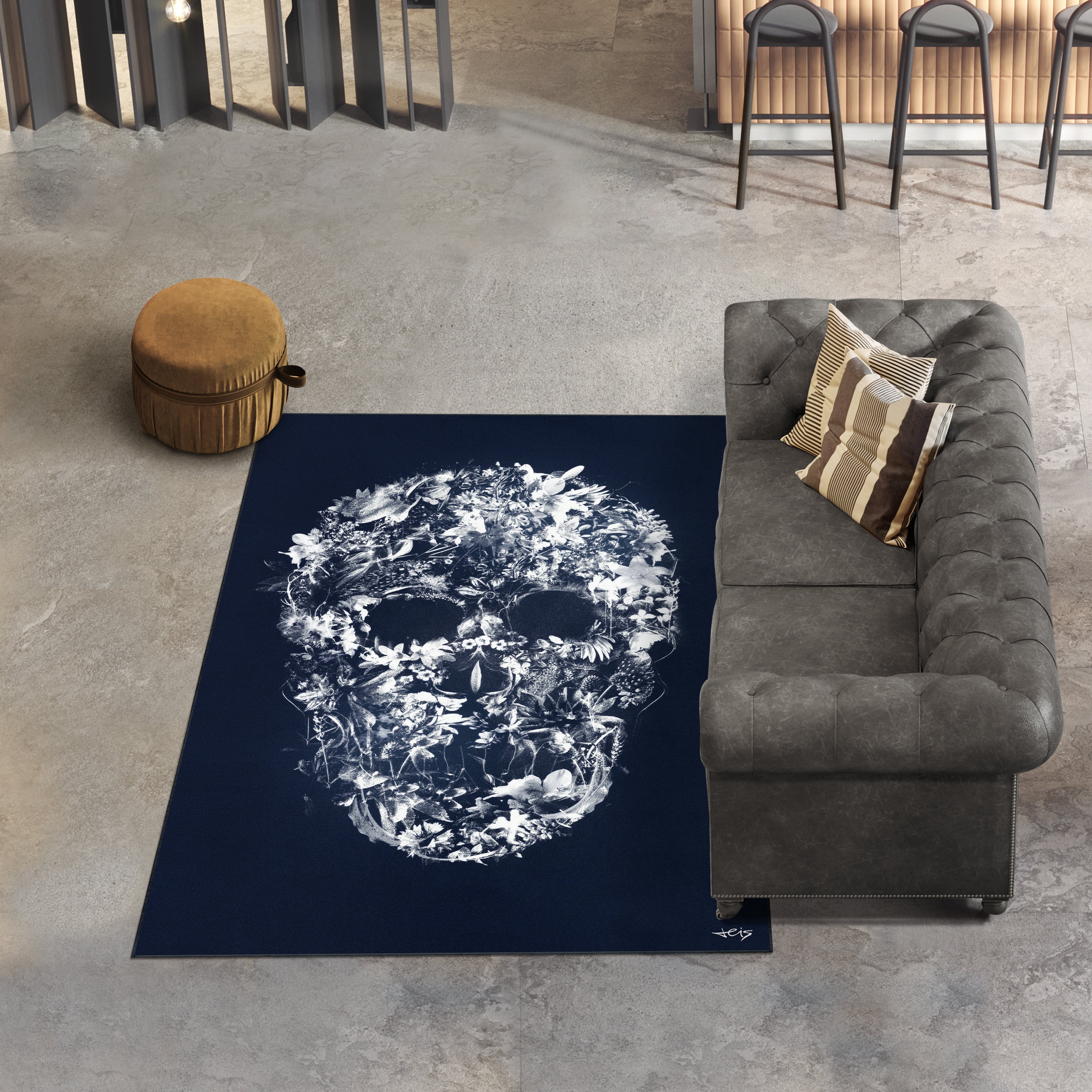 Skull Silhouette Washable Art Area Rug size 5'x8', Power-loomed, Heavenly Softness with Non-Slipping Backing