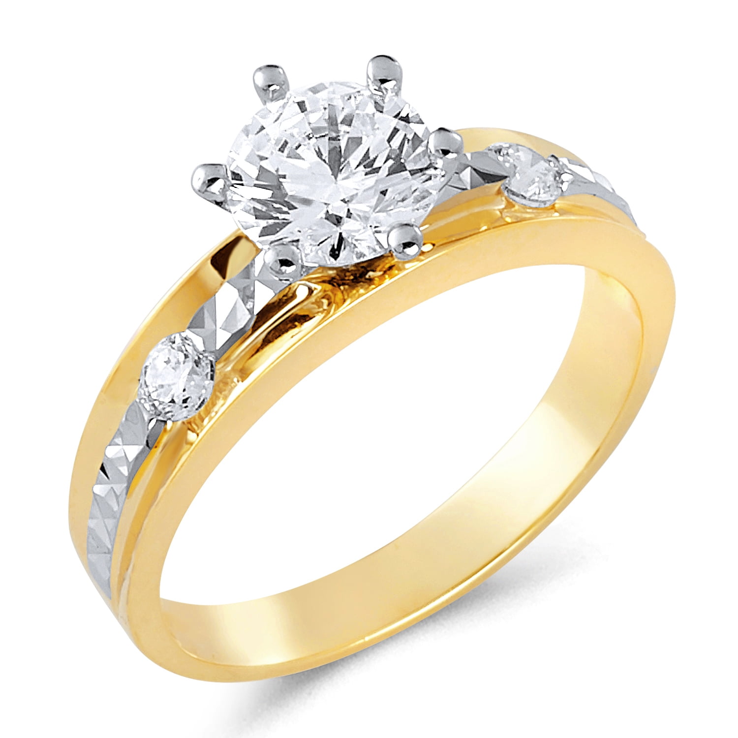 Wellingsale Mens Solid 14k Two 2 Tone White and Yellow Gold Polished CZ Cubic Zirconia Wedding Band