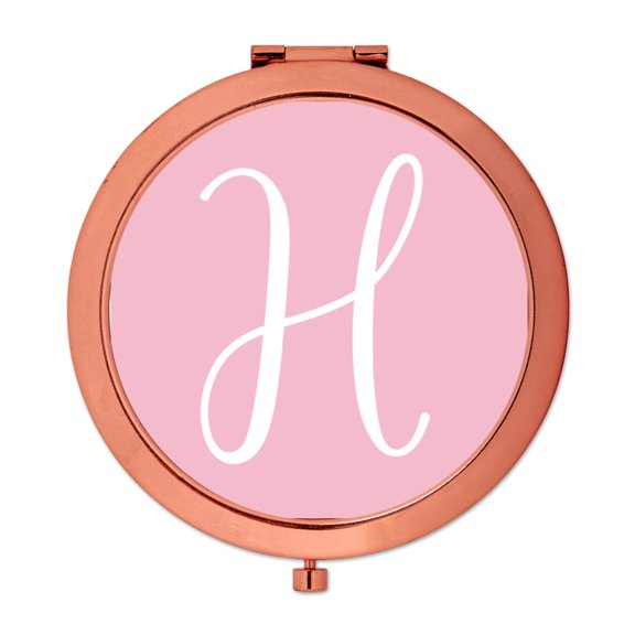 Koyal Wholesale Rose Gold Compact Mirror Bridesmaid's Wedding Gift, Blush Pink, Monogram Letter H, 1-Pack