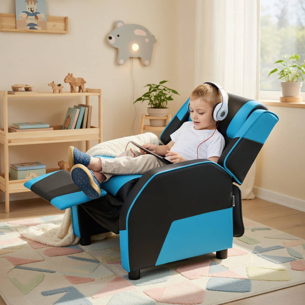 Barara King Kids PU Leather Recliner Chair with Headrest and Footrest, Kids Gaming Sofa Recliner Chair for Living Room, Bedroom, Blue