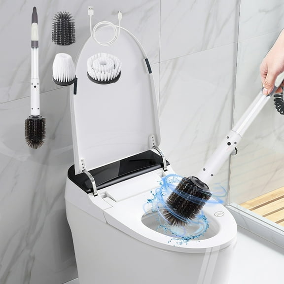 Long Handle Cleaning Brush with 3 Replaceable Heads,Wireless Toilet,Bathroom Scrubber,360° Rotating Power Brush for Floors,Tiles,Efficient Stain Removal Tool for Home Bathroom,Kitchen-Free Size
