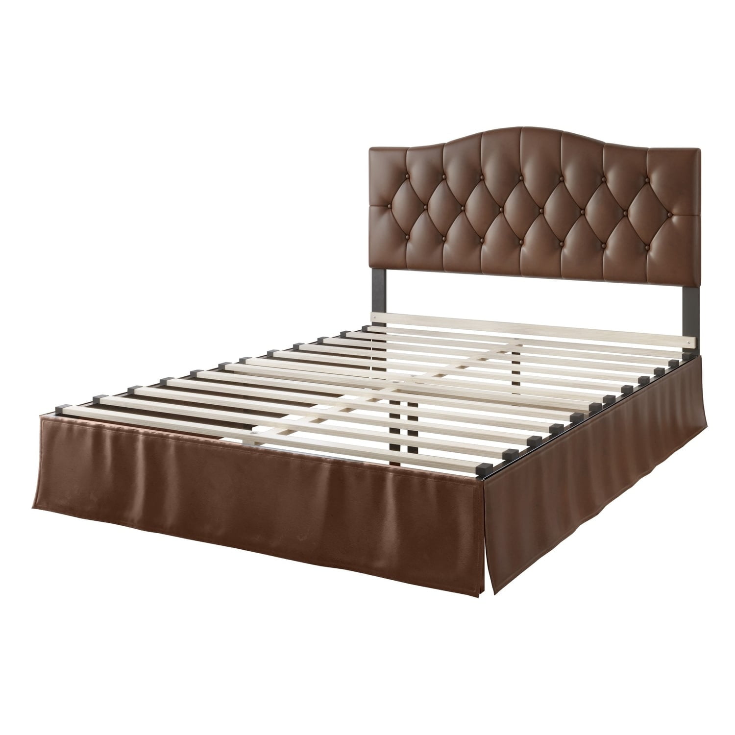 Home Design Harper Twin Tufted Upholstered Platform Bed Frame with Arched Headboard and Bed Skirt, Brown, Easy Assembly