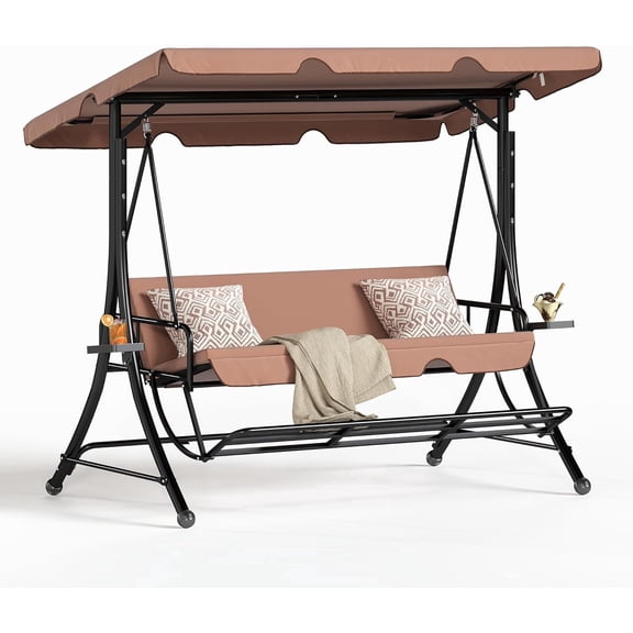 LAZZO 3-Seat Outdoor Porch Swing with Footrest, Reclining Lounge Bed Convertible, Adjustable Canopy & Removable Cushions, Brown