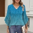 thumbnail image 2 of Shirts for Women Ruffle Floral Printed 3/4 Sleeved V-Neck Business Work Blouses Spring Summer Trendy Loose Fit Dressy Casual Tops, 2 of 8