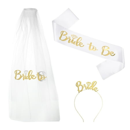 Bride Sash,Bride Sash Veil Headband -Tiara Crown Queen Crown for Bachelorette Party,White Gold