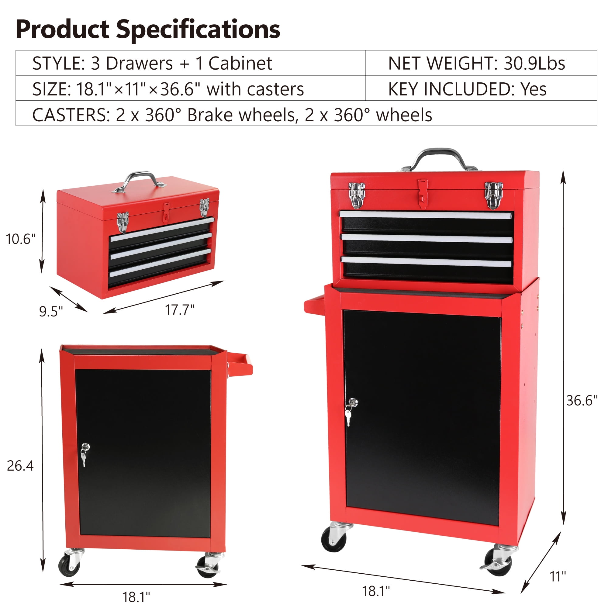 3-Drawer Rolling Tool Chest with Wheels, Tool Chest with Large Storage Cabinet