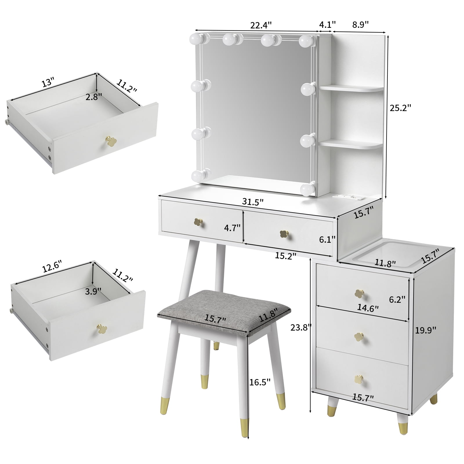 Ktaxon 3 Color Lighted Vanity Table Set, Makeup Table with LED Nightstand, Dressing Table with USB Charging Station, for Women, Female Bedroom, White