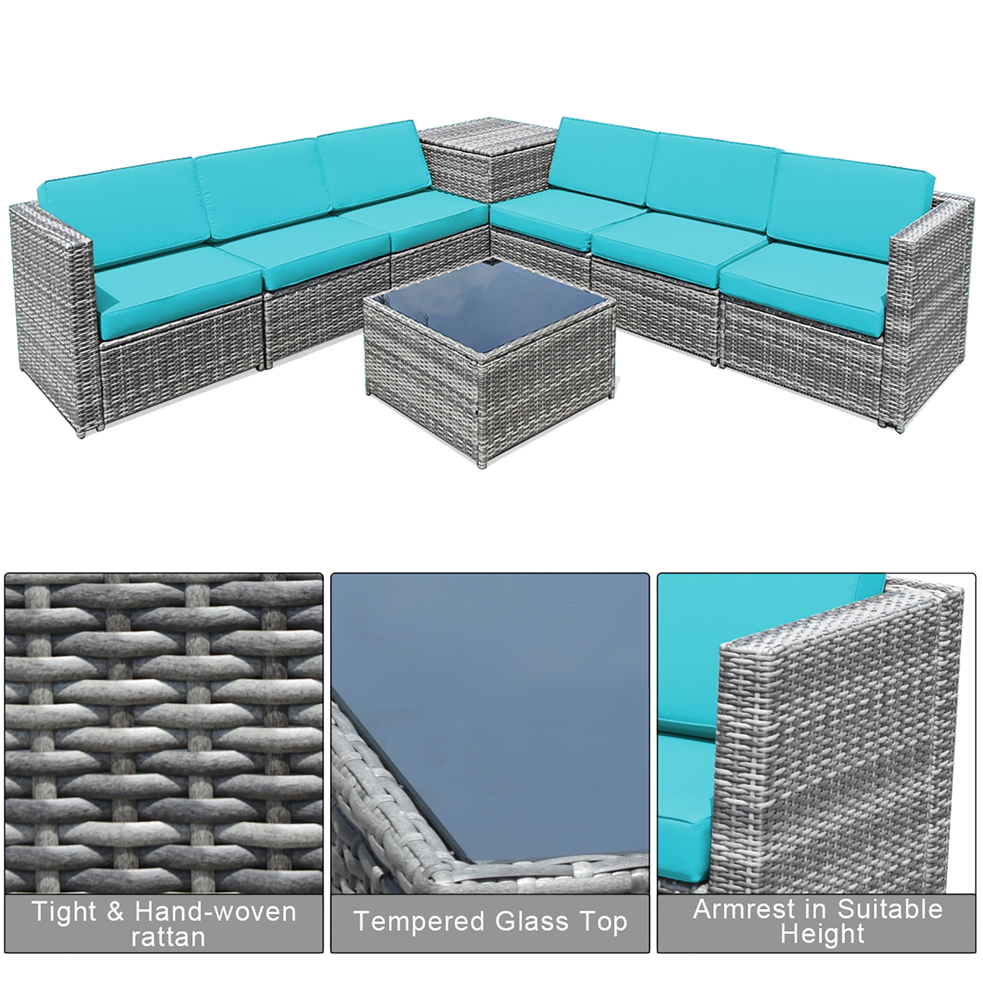 Costway 8 PCS Wicker Sofa Rattan Furniture Set Patio Furniture w/ Storage Table Turquoise