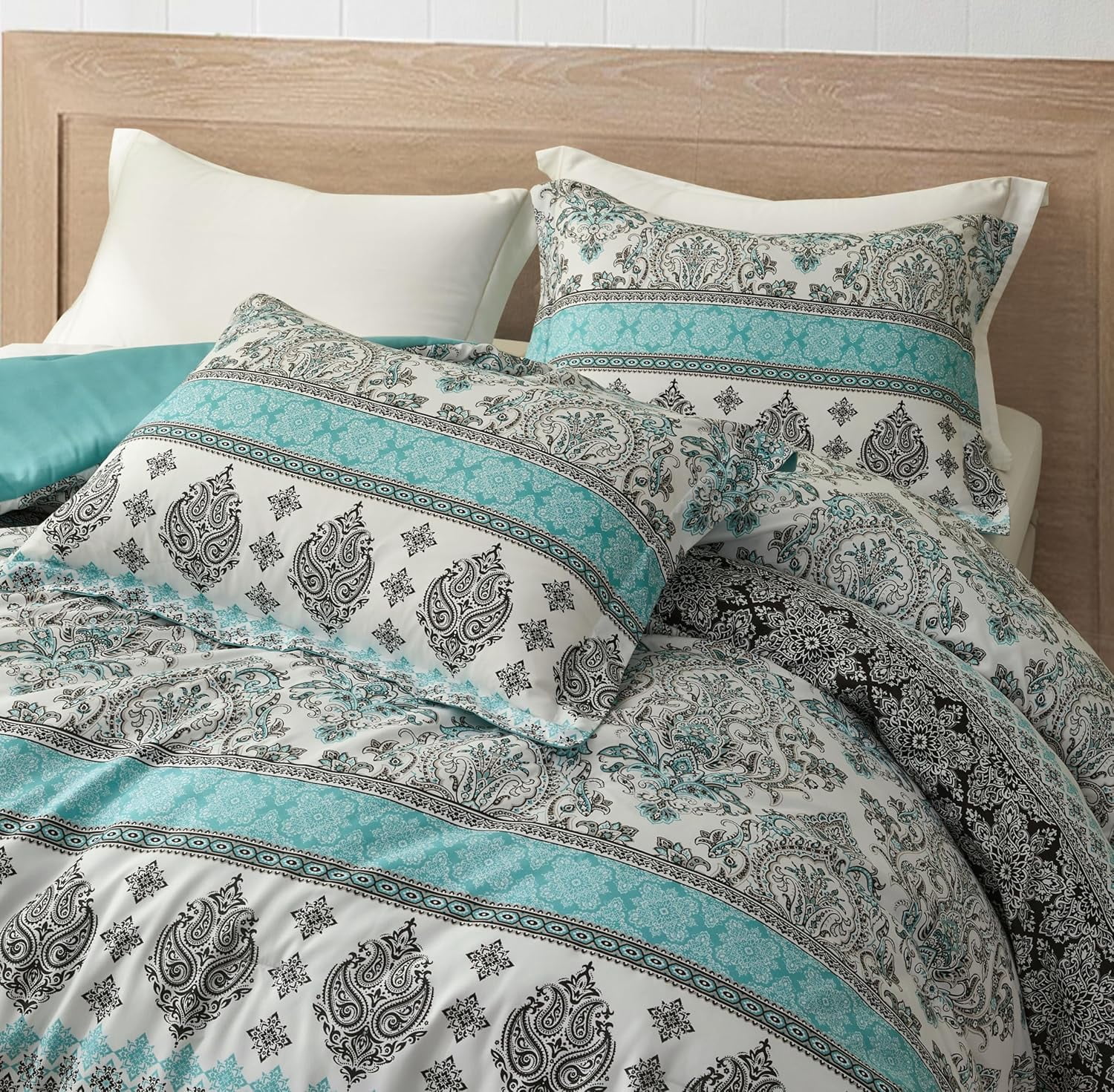 Chezmoi Collection Herald 2-Piece Printed Comforter Set, Aqua Blue Black White Boho Damask, Pre-Washed Microfiber Lightweight Bedding for All Seasons, Twin Size