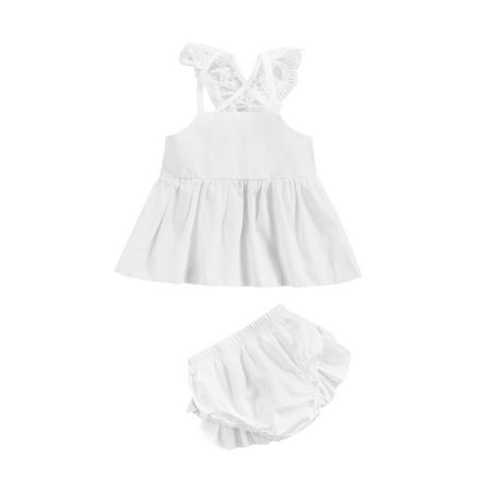 

Nokpsedcb Elegant Infant Baby Girl 2PCS Set Square Neck Sleeveless Lace Solid Color Dress Tops Elastic Waist Shorts White 6-9 Months