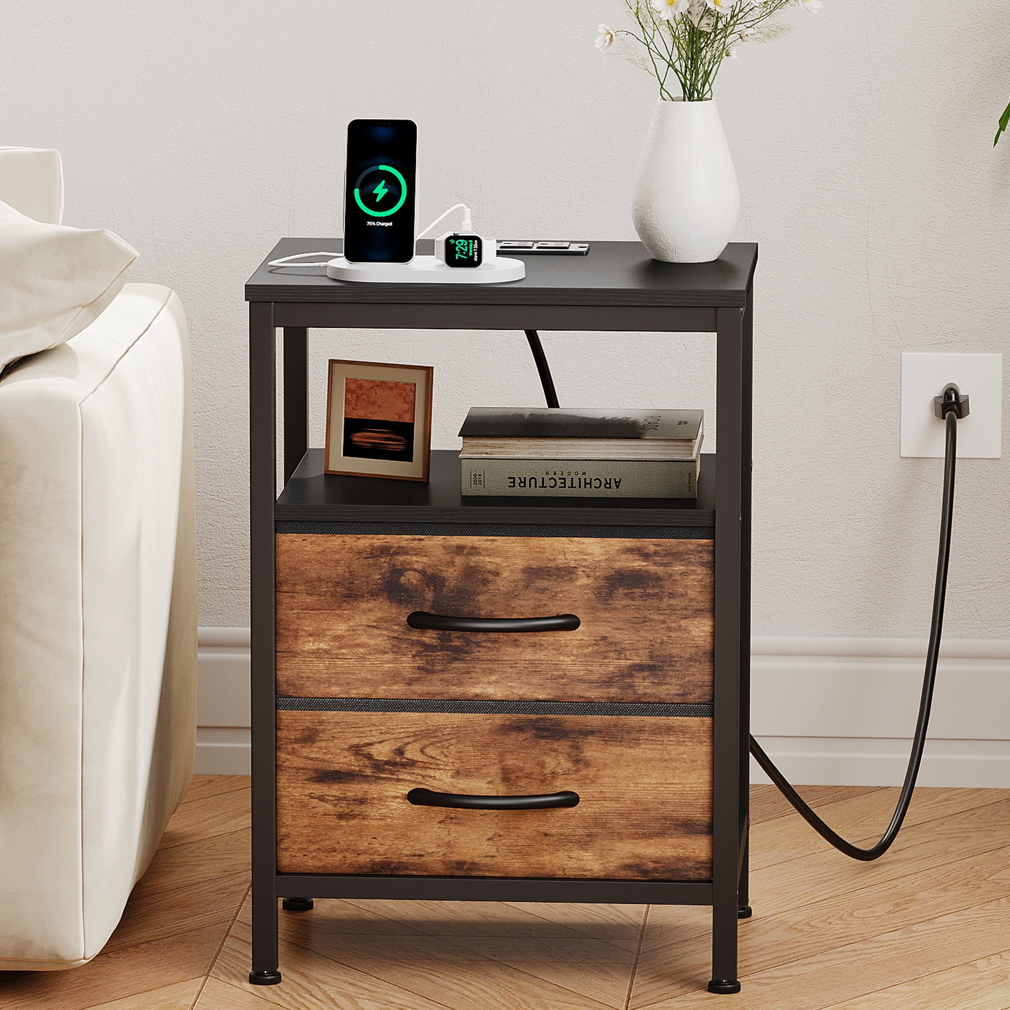 CONCETTA Small Nightstand with Charging Station, 2 Fabric Drawer, End Table with USB Ports and Outlets for Bedroom, Black Brown