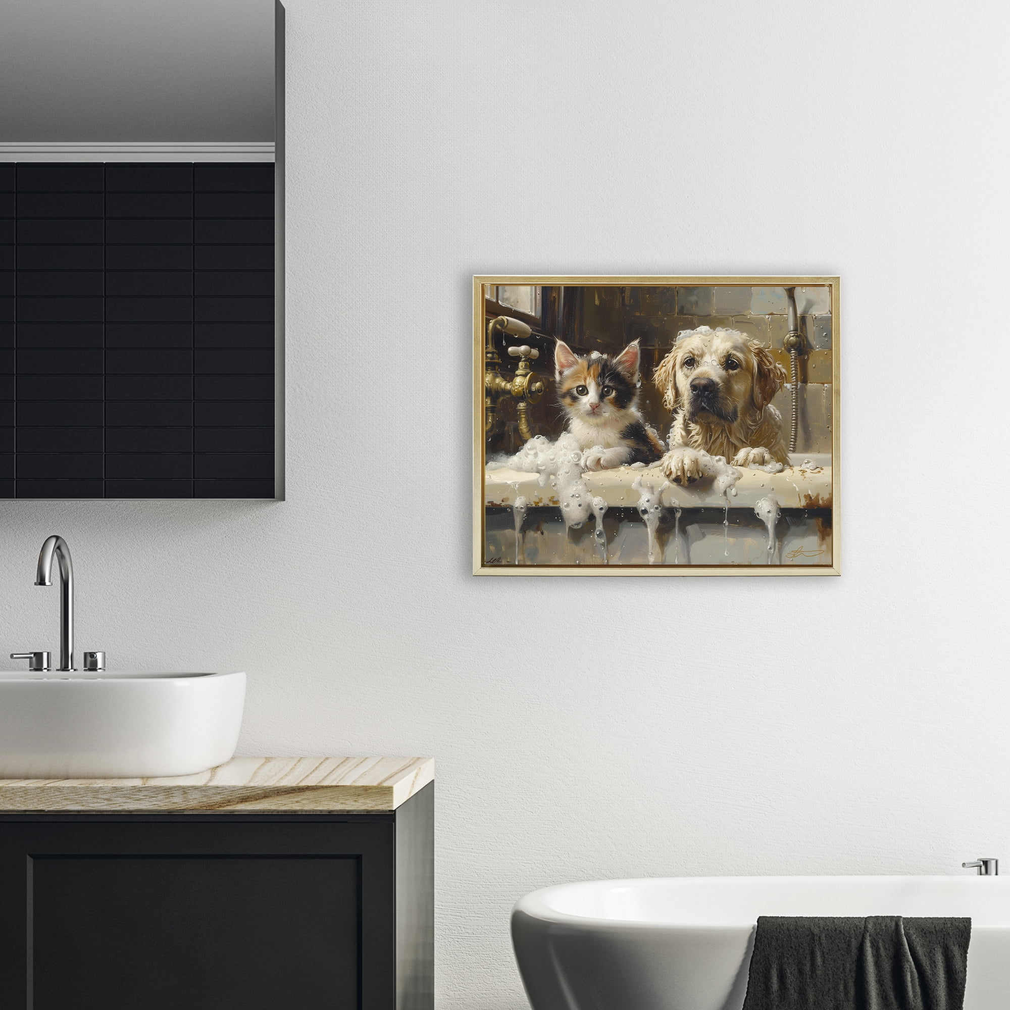 Bath Buddies Cat & Dog Gold Framed Floater Canvas Wall Art, design by Shawna Stewart